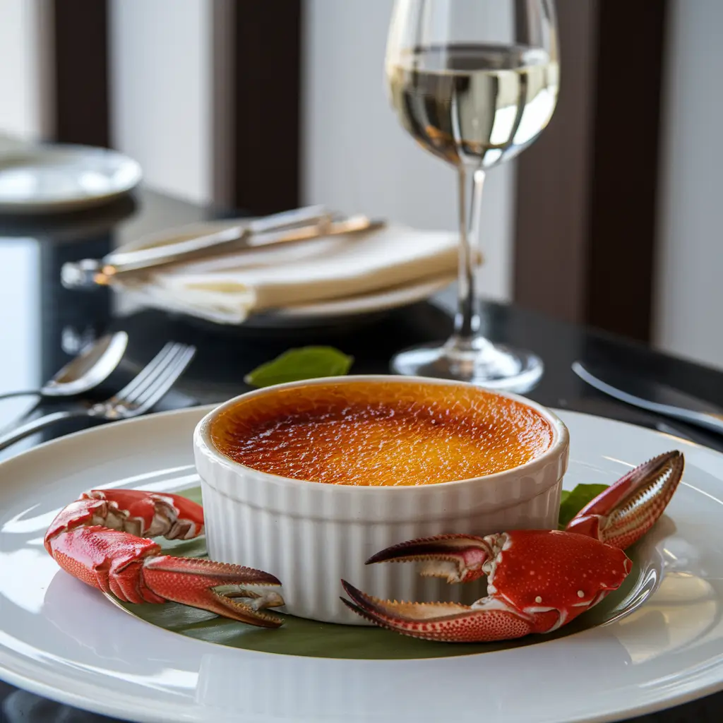 A creamy and golden crab brulee served in a white ramekin with a caramelized sugar topping.
