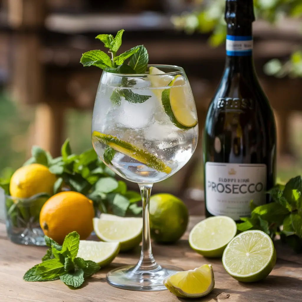 A chilled Hugo Spritz cocktail in a wine glass with mint leaves, lime slices, and ice cubes.