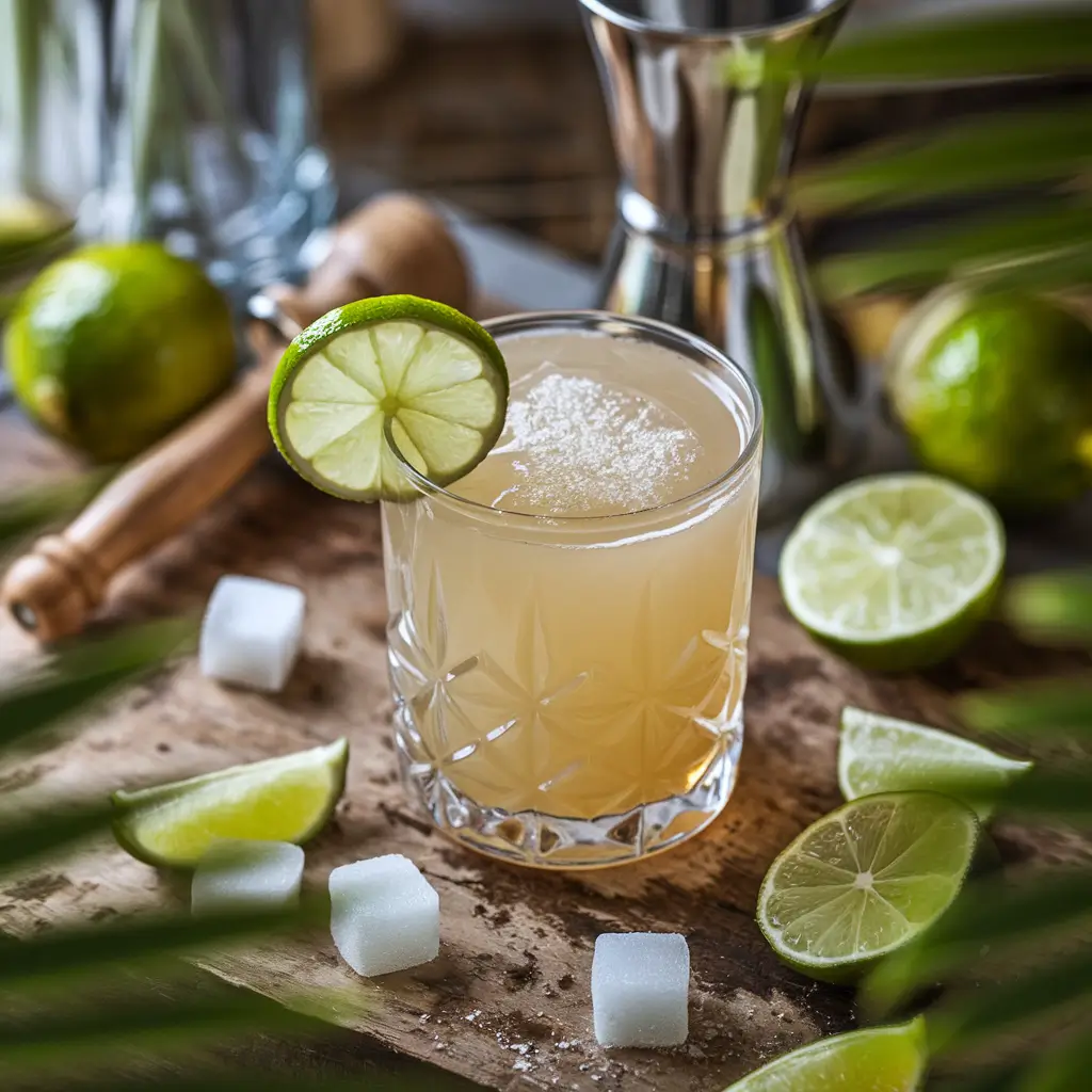 A freshly made Caipirinha cocktail with lime wedges and ice in a glass, garnished with a lime wheel.