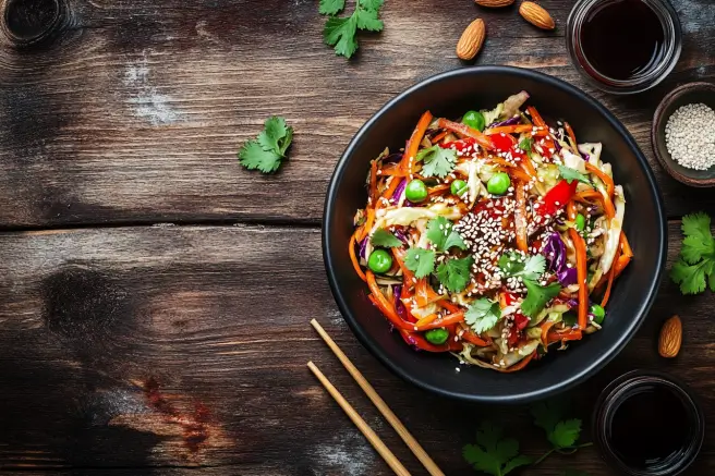 Vibrant Asian slaw with almond dressing, garnished with sesame seeds and cilantro, served on a rustic wooden table