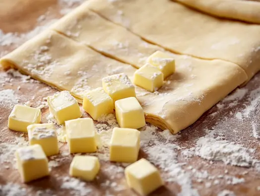Folding dough with cold butter cubes for Gipfeli layers.