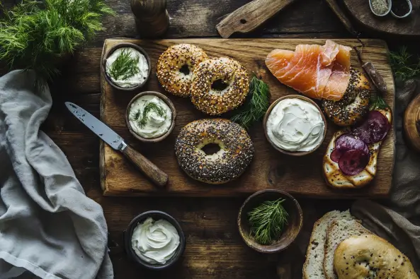 A variety of freshly baked bagels on a wooden board with cream cheese and lox.