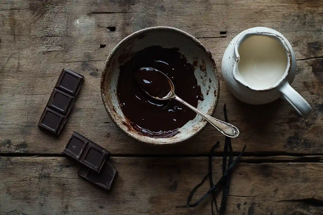 Rich Black Label Chocolate Sauce drizzling into a bowl surrounded by premium ingredients.