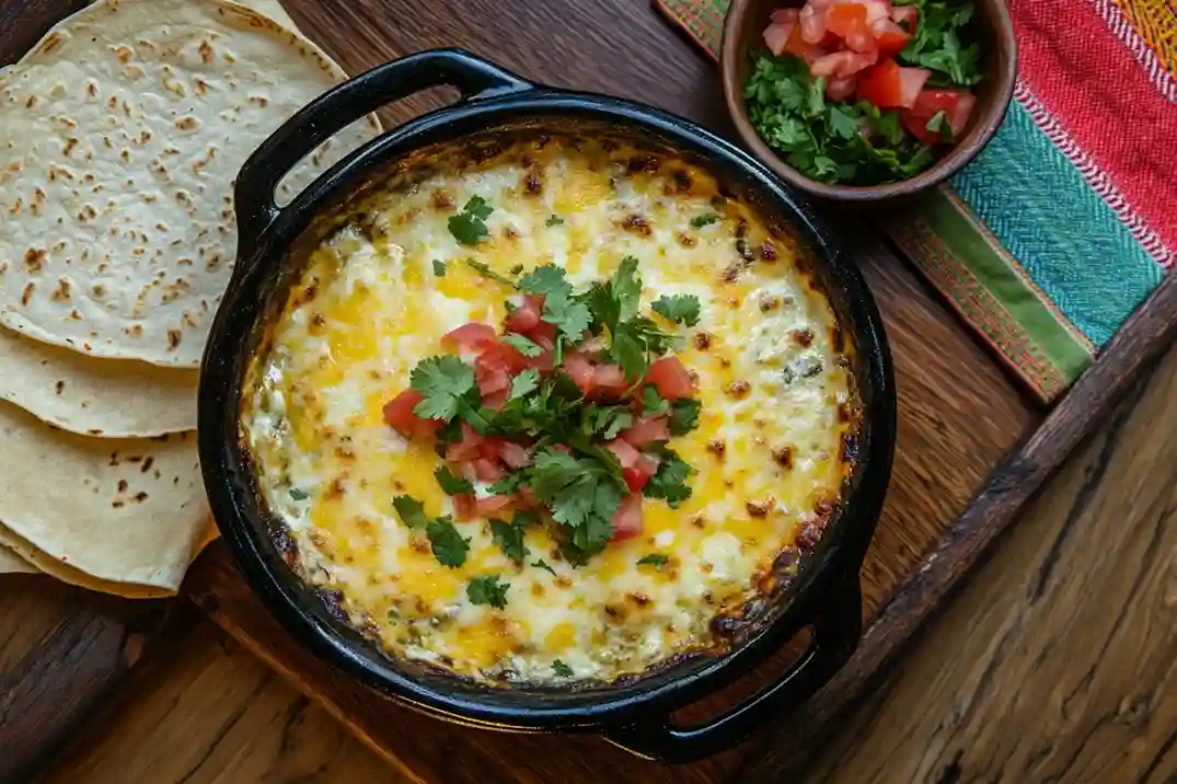 A casserole dish of freshly baked enchiladas topped with melted cheese, cilantro, and diced tomatoes.
