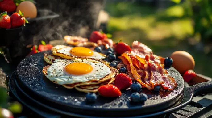 Blackstone griddle cooking pancakes, bacon, and eggs outdoors, surrounded by fresh ingredients.