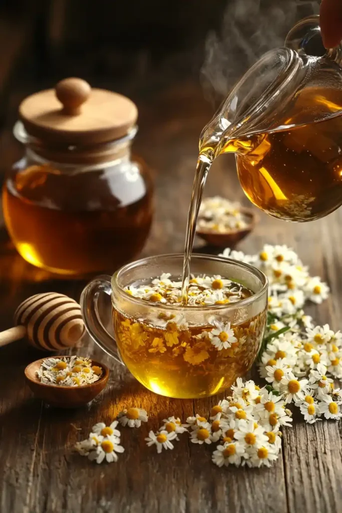 Hot water being poured from a gooseneck kettle into a glass teapot filled with chamomile flowers, with a tea strainer, honey jar, and dried chamomile on a wooden table.
