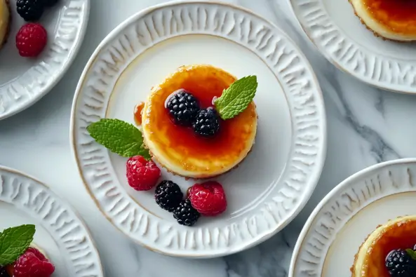 Mini Crème Brûlée Cheesecakes with caramelized sugar topping on a marble platter, garnished with raspberries and vanilla beans.