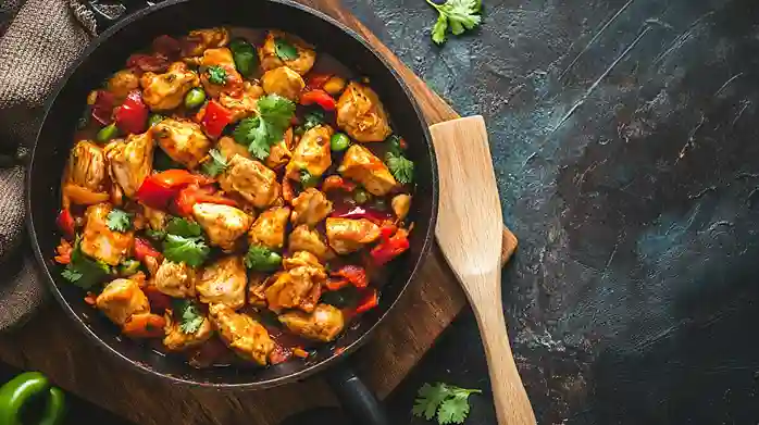 A skillet filled with chicken egg scramble, garnished with fresh herbs, surrounded by a wooden spatula and rustic kitchen linens.