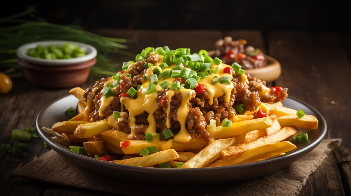 A plate of chili cheese fries with crispy fries, hearty chili, melted cheese, and green onions on a rustic wooden table.