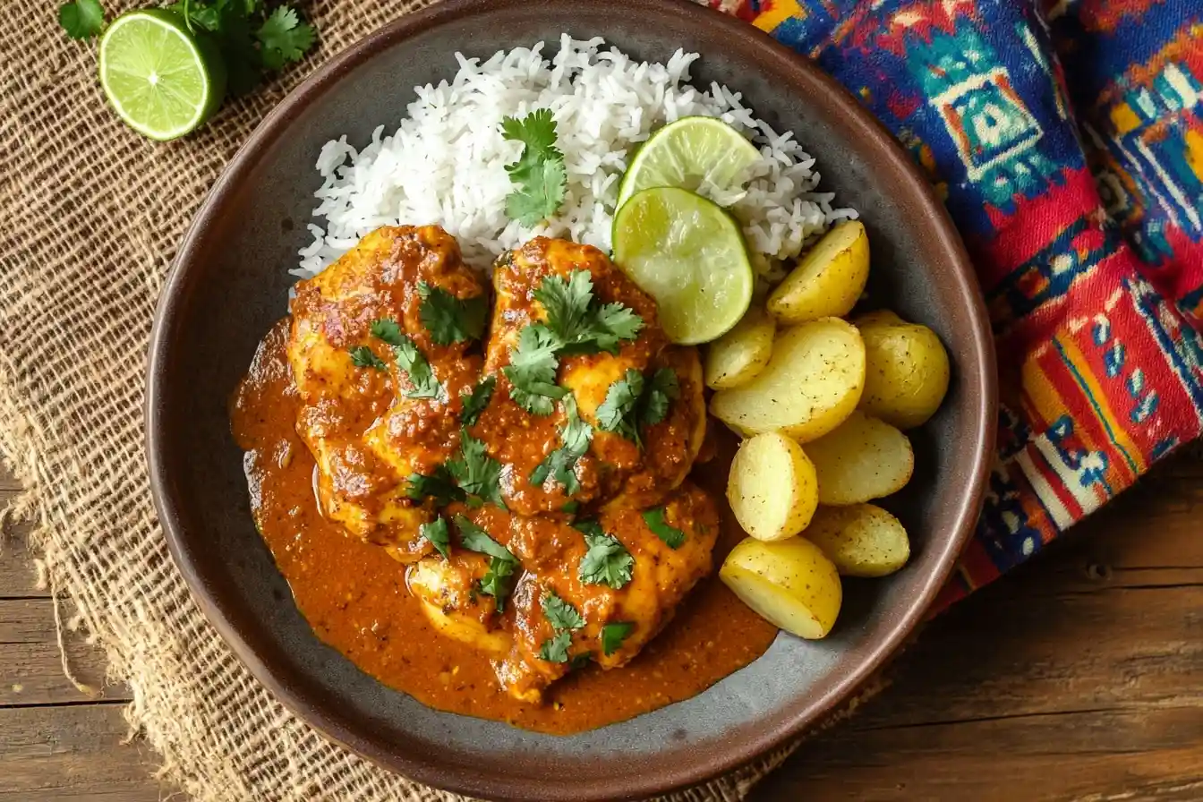 A vibrant plate of Churu Chicken Amarillo with creamy amarillo sauce, white rice, and roasted potatoes