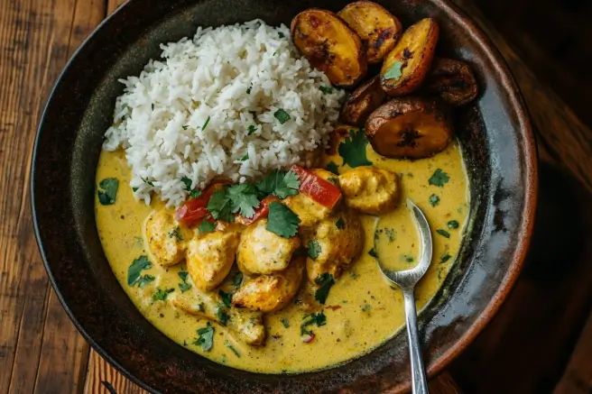 Close-up of Churu Chicken Amarillo served with rice and fried plantains, garnished with cilantro.