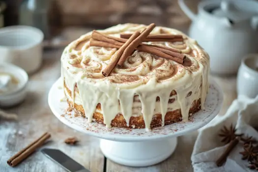 A close-up of a Cinnamon Roll Cheesecake topped with cream cheese icing, on a cake stand with cinnamon sticks and ground cinnamon around it.