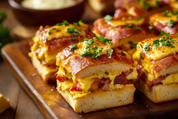 Crack Breakfast Sliders with bacon, eggs, cheddar cheese, and ranch butter on Hawaiian rolls, served on a wooden platter.