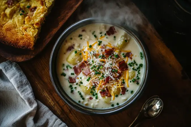 Creamy Benignis Potato Soup topped with crispy bacon, cheese, and chives, served with cornbread.