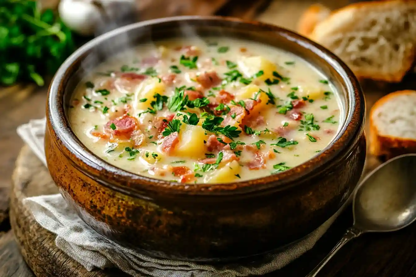 A steaming bowl of creamy potato soup topped with crispy bacon and parsley, served with crusty bread.