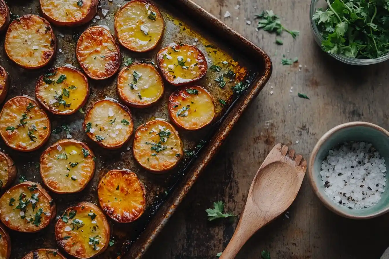 Crispy roasted white sweet potatoes garnished with herbs and flaky salt on a baking tray.