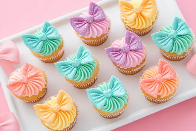 A tray of colorful bow arrow cupcakes with fondant bows and glitter, perfect for Valentine’s Day celebrations.