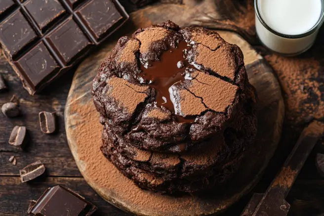 Close-up of fudgy chewy brookies stacked on a wooden board with chocolate oozing out, surrounded by cocoa powder and a glass of milk.
