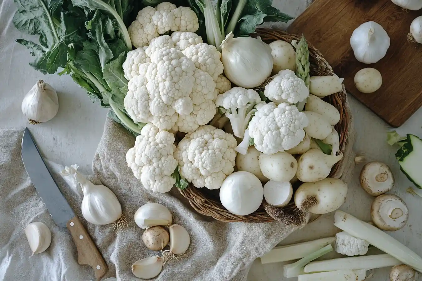 Close-up of fresh white vegetables, including cauliflower, potatoes, garlic, and mushrooms, in a rustic basket on a kitchen counter.