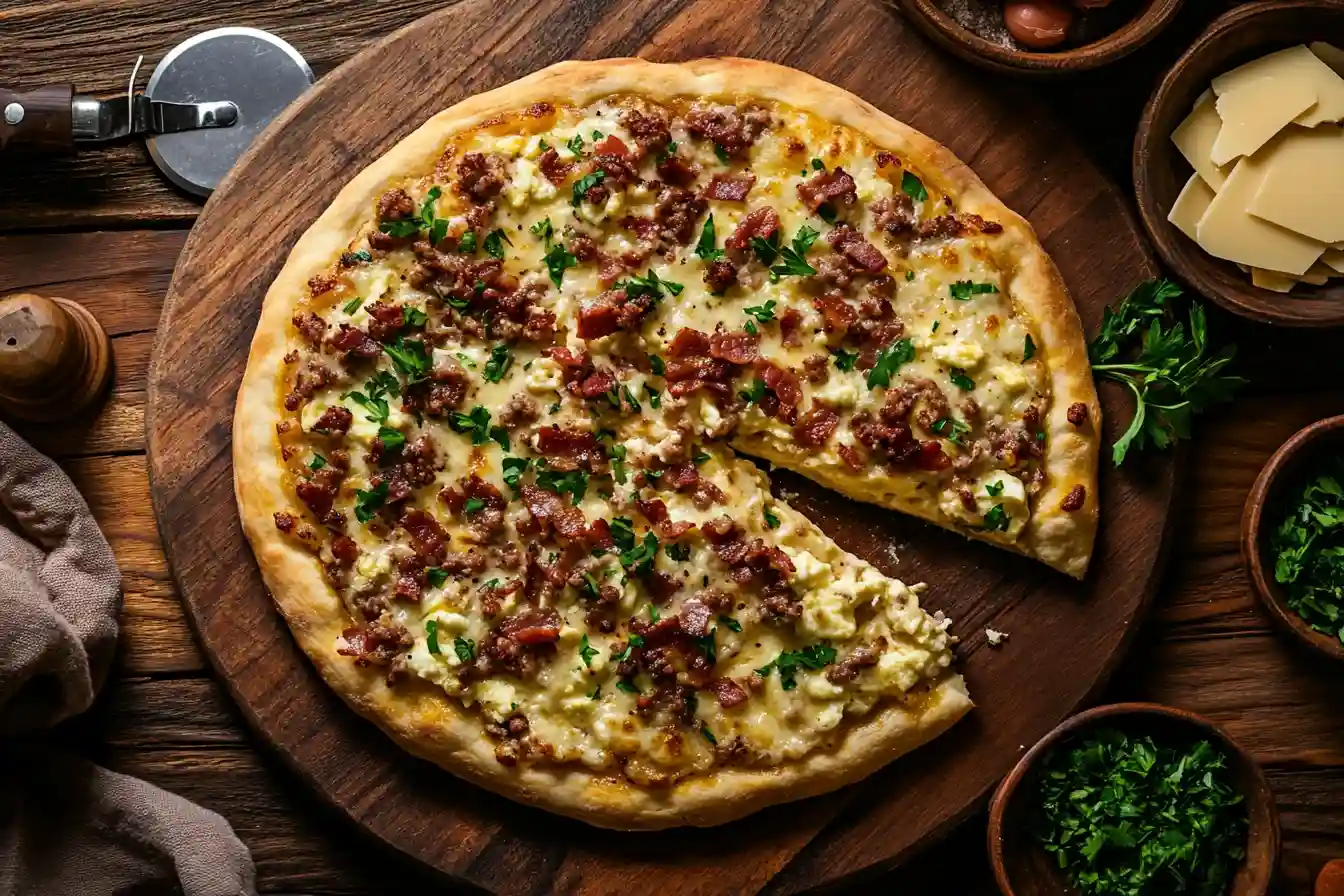 A close-up overhead view of a freshly baked breakfast pizza topped with scrambled eggs, bacon, sausage gravy, and melted cheese, sliced and served on a wooden board.