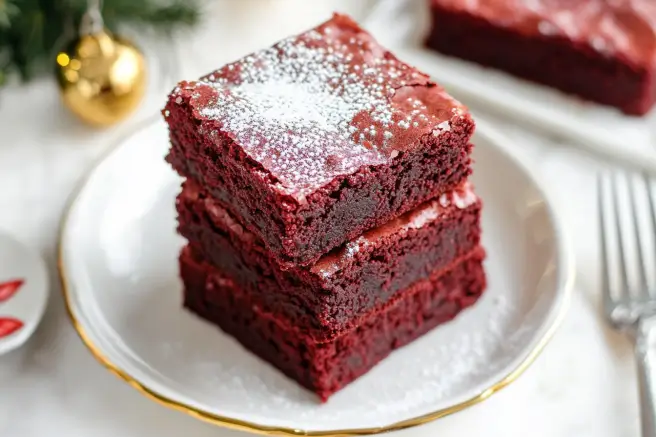 Close-up of fudgy red velvet brownies dusted with powdered sugar on a white plate.