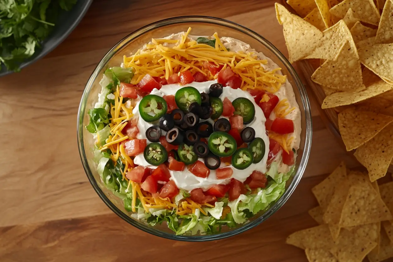 Vibrant layered taco dip with toppings like lettuce, cheese, tomatoes, and jalapeños in a clear dish, served with tortilla chips.