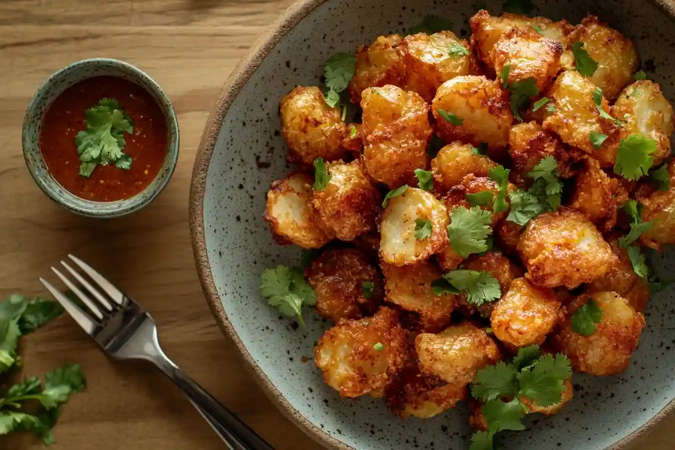 Close-up of crispy breakfast potatoes garnished with cilantro, served in a rustic dish with a small dipping sauce on a wooden table.