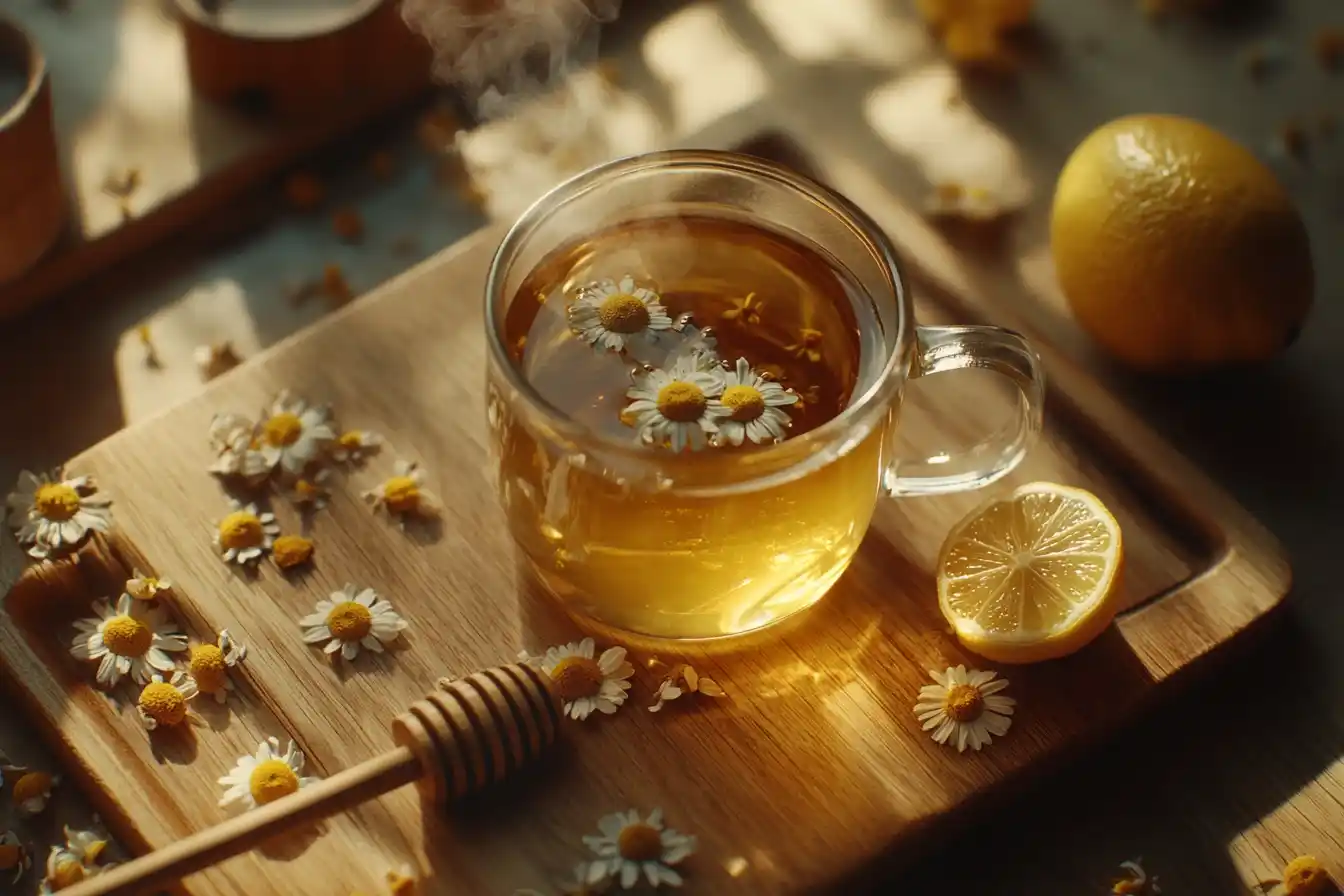 A warm cup of chamomile tea in a clear glass mug with steam rising, surrounded by dried chamomile flowers, honey, and a lemon slice on a wooden tea tray.