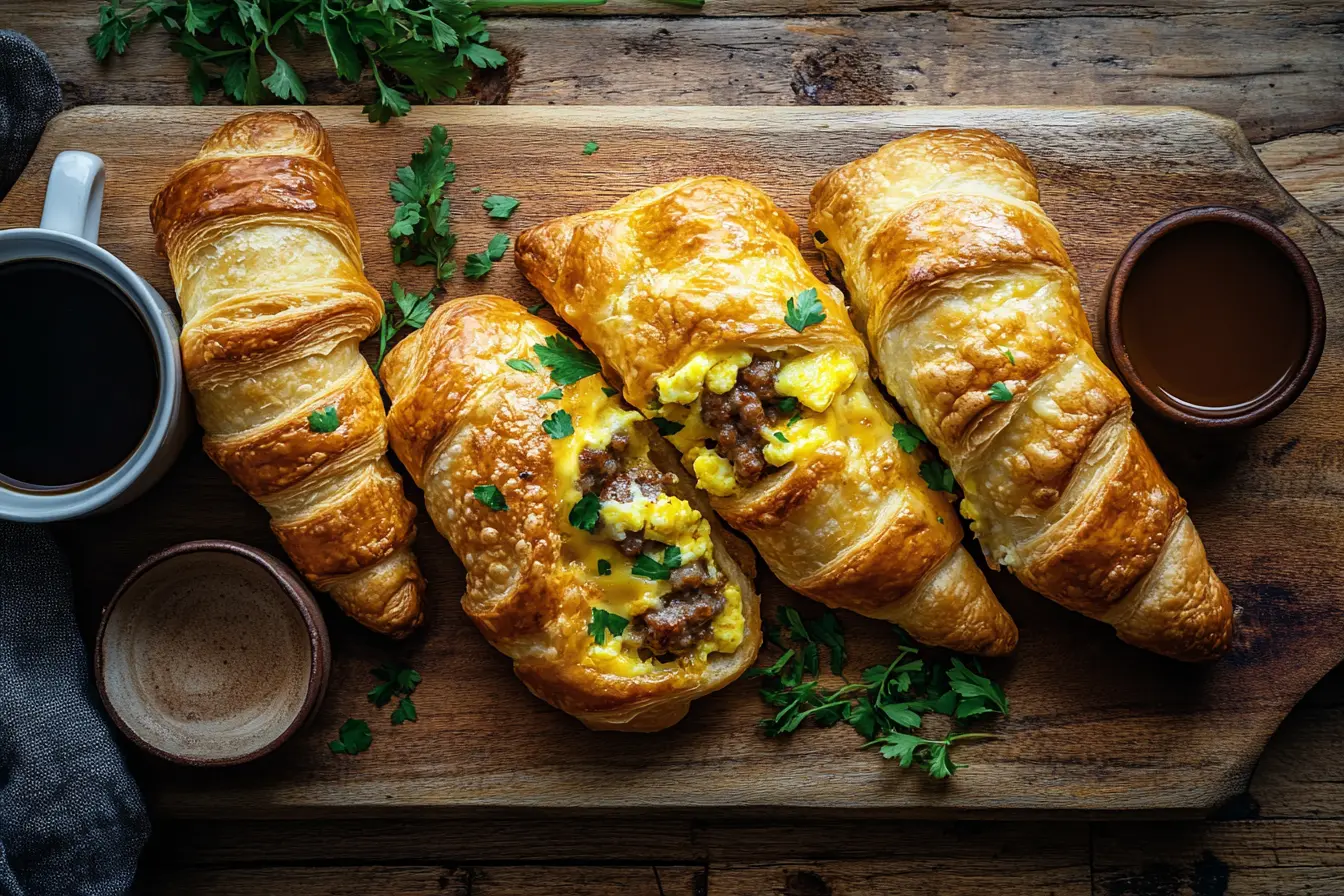 Flaky crescent rolls filled with eggs, sausage, and cheese on a rustic wooden board with coffee and herbs.