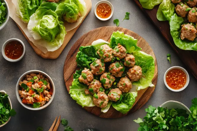 Variety of ground chicken recipes including stir fry, baked meatballs, and lettuce wraps, styled with fresh herbs and sauces.