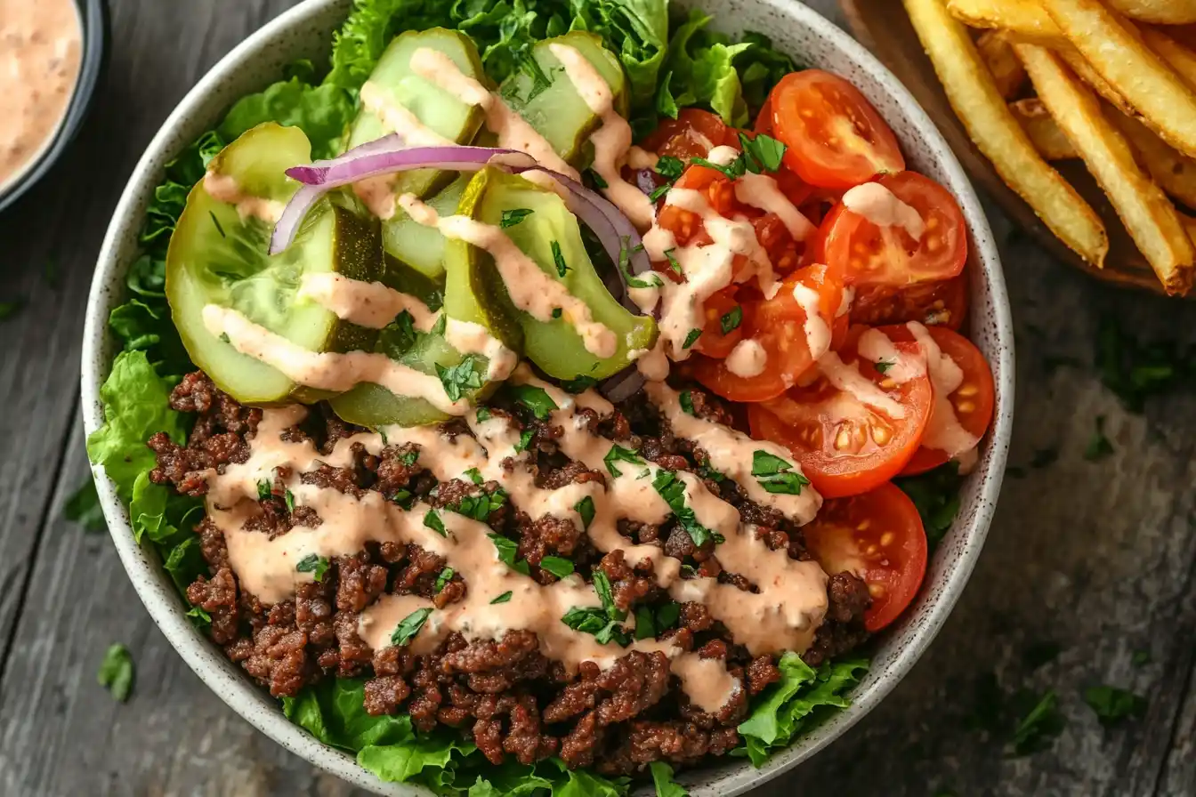 Healthy burger bowl with fresh toppings, creamy special sauce, and a side of air-fried French fries.