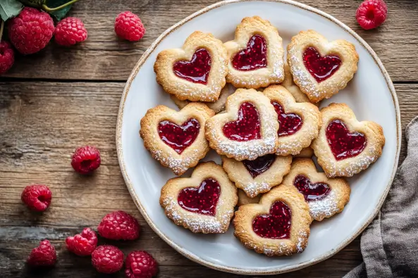 Freshly baked heart-shaped jam cookies with raspberry filling, dusted with powdered sugar.