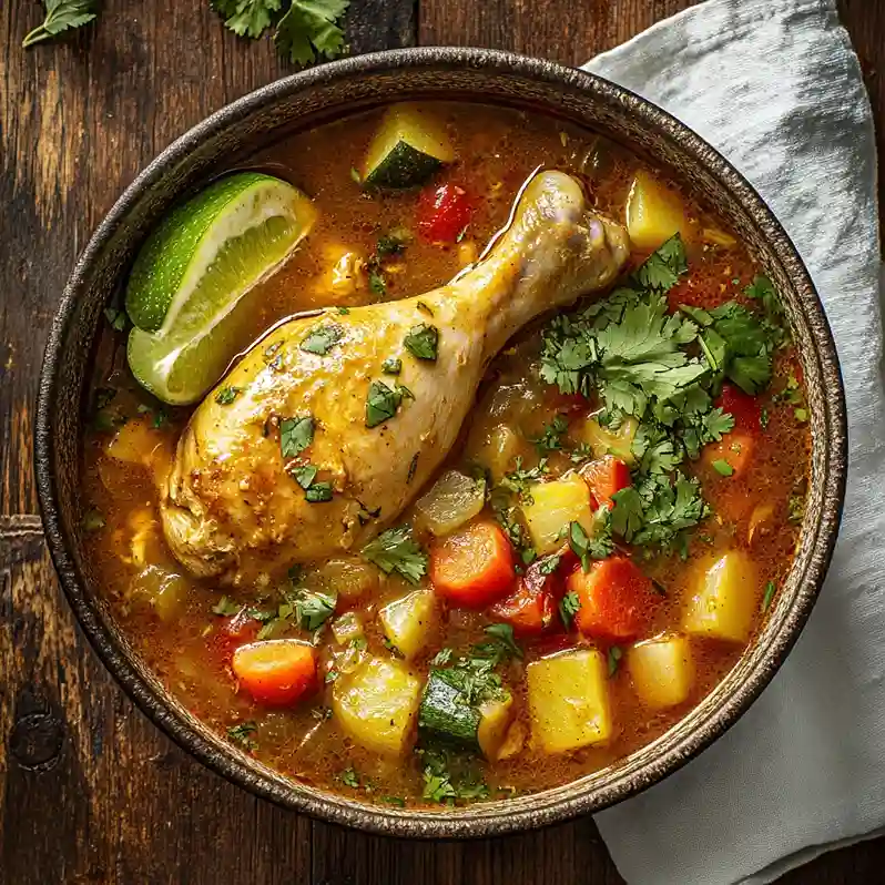 Close-up of a hearty caldo de pollo with chicken, vegetables, and fresh cilantro, served in a bowl with lime wedges on a rustic table.