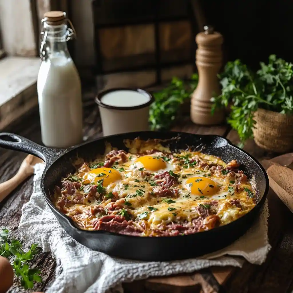 Overhead view of a skillet filled with corned beef hash, eggs, and cauliflower rice, garnished with parsley on a wooden table