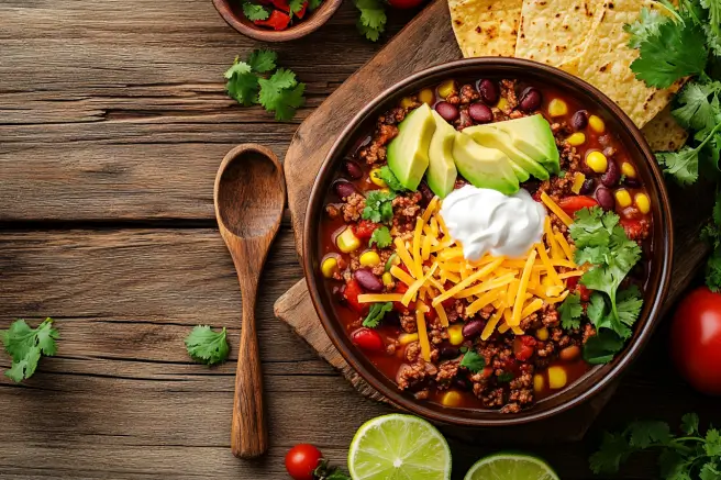 Bowl of taco soup topped with shredded cheese, sour cream, avocado slices, and tortilla strips on a rustic table.