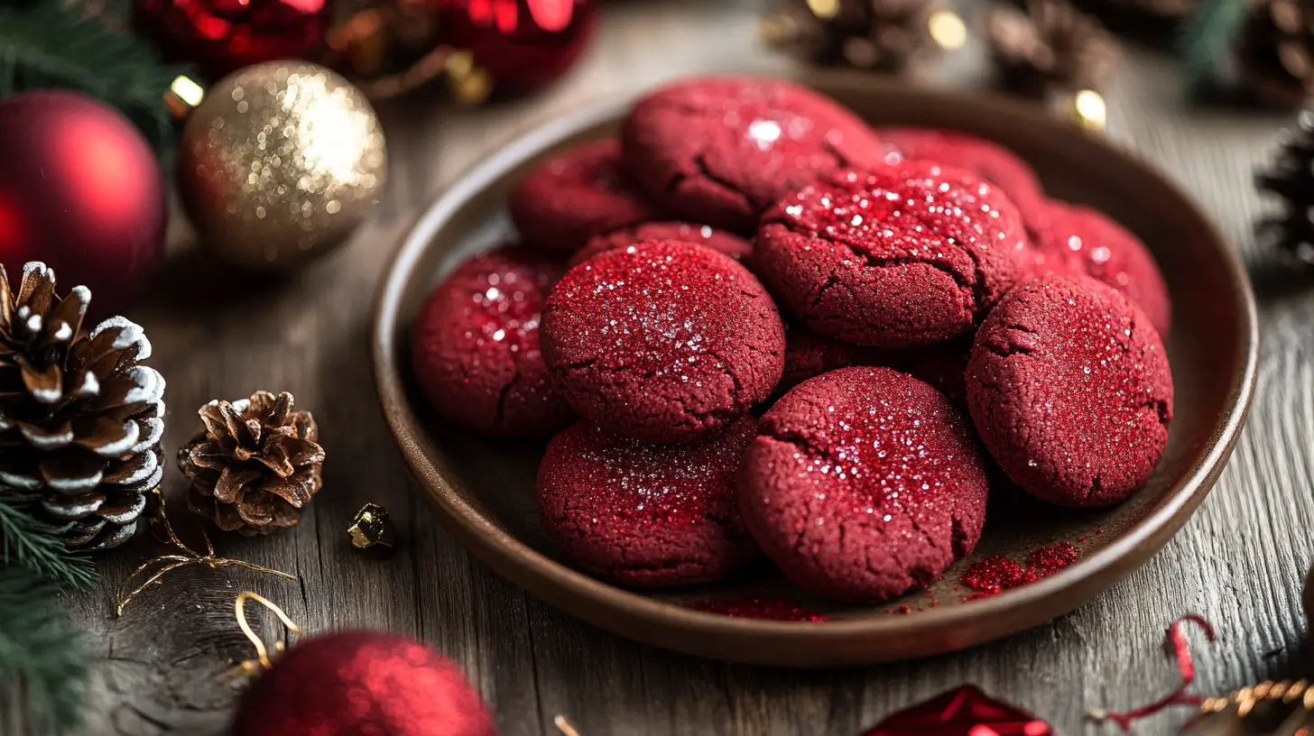 A heart-shaped platter of Hershey’s Red Velvet Blossoms Cookies surrounded by rose petals for Valentine’s Day.
