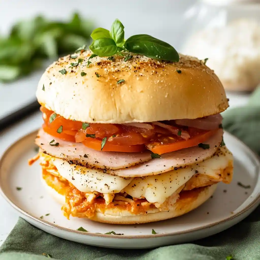 Close-up of hot Italian sliders in a baking dish, topped with melted cheese and golden garlic butter, surrounded by dipping marinara sauce and a basting brush.
