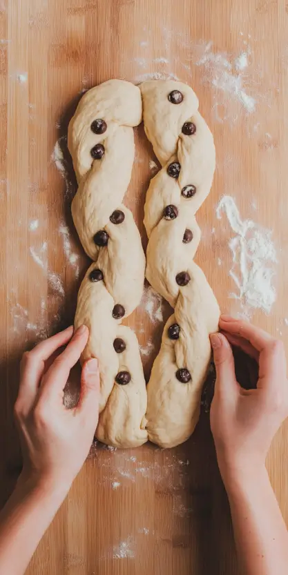 Hands braiding chocolate chip brioche dough on a wooden surface.