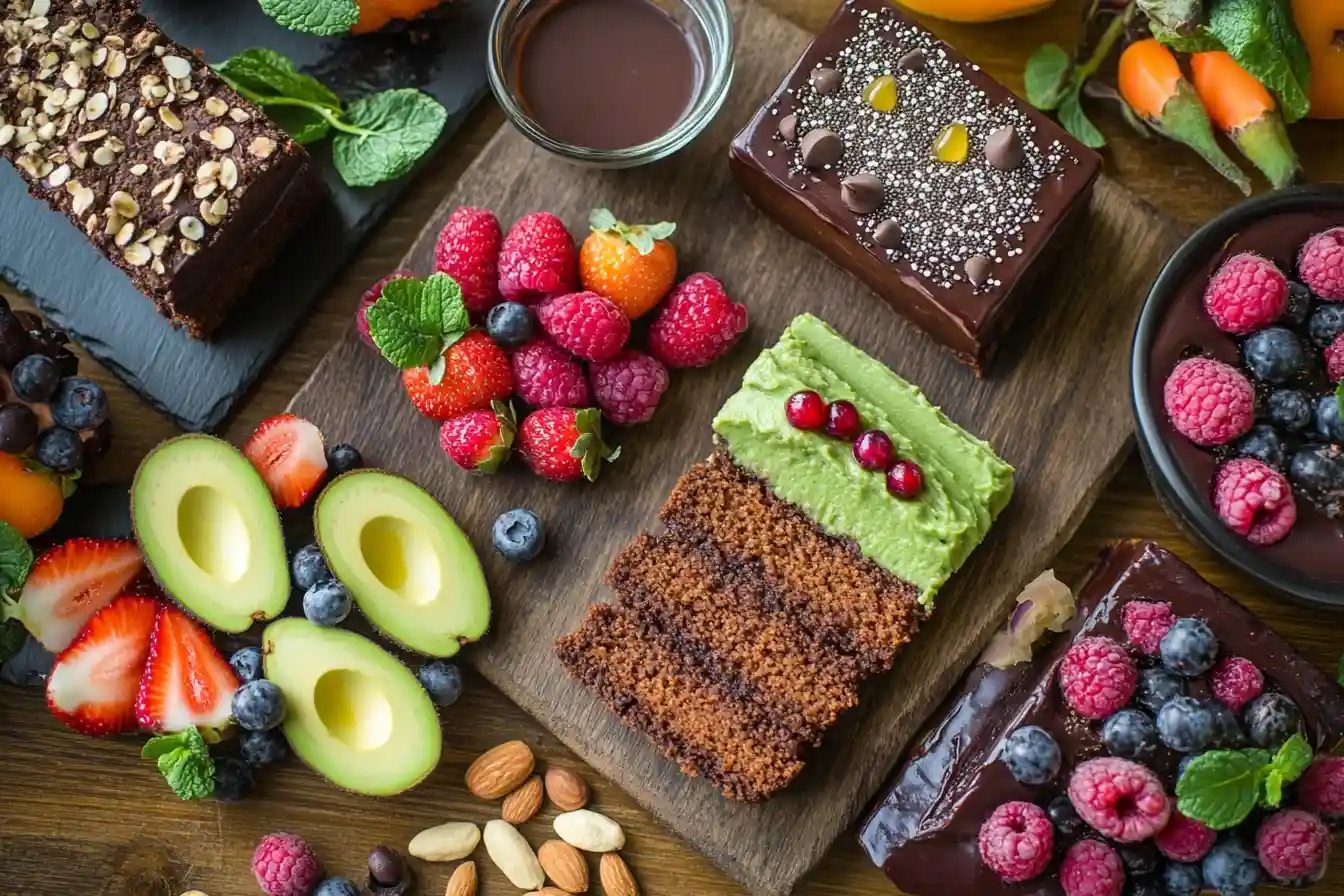 A close-up shot of delicious plant-based desserts, including chocolate avocado mousse, carrot cake with cashew frosting, and berry chia pudding, arranged on a rustic table.