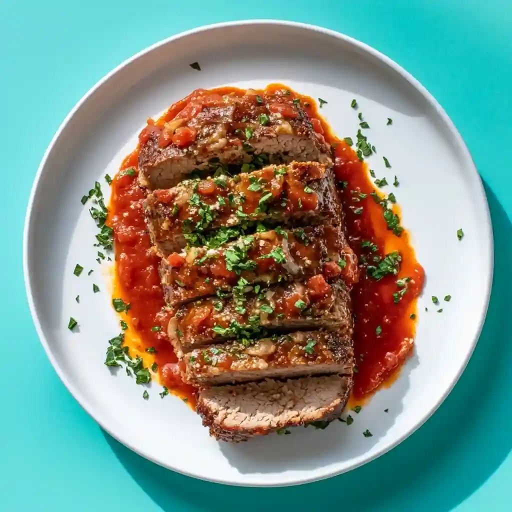 Golden-brown Italian meatloaf topped with marinara sauce and fresh basil, served with creamy polenta on a white platter.