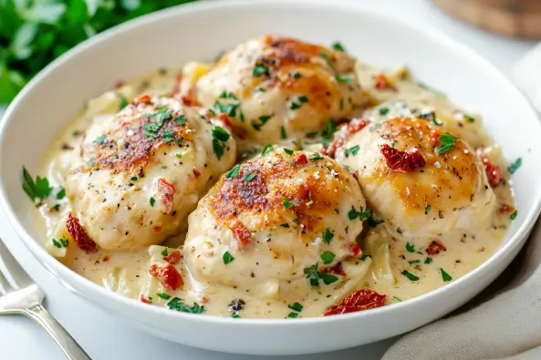 Marry Me Chicken Pasta served in a white bowl with creamy Parmesan sauce, seared chicken bites, sun-dried tomatoes, and parsley garnish.