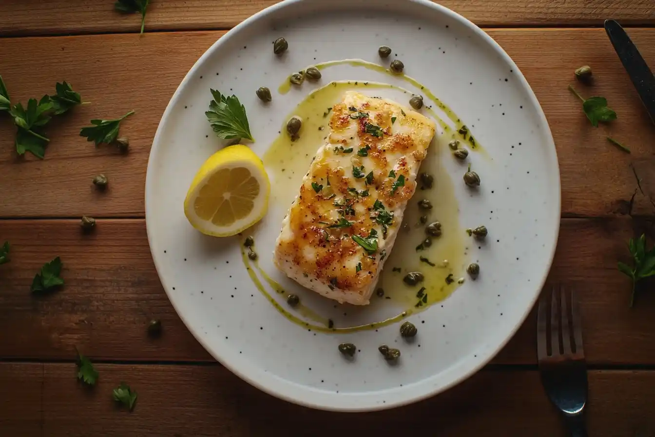 Golden-brown pan-seared rockfish fillet topped with lemon caper sauce, served on a white plate with parsley and lemon wedges.
