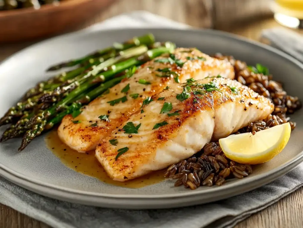 Pan-seared rockfish with lemon caper sauce, served with wild rice and roasted asparagus, garnished with parsley and lemon.