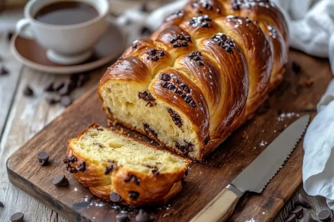 Freshly baked braided chocolate chip brioche with a golden crust and soft, chocolate-studded interior.