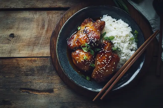 Sticky Honey Chicken served on a white plate with sesame seeds, green onions, and a side of rice.