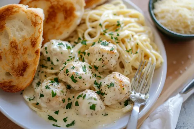 A plate of Garlic Butter Chicken Bites with Creamy Parmesan Pasta garnished with parsley, served with garlic bread and Parmesan cheese.