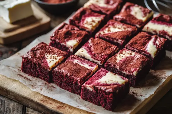 Red velvet cheesecake brownies with a marbled swirl, cut into squares on a wooden board.