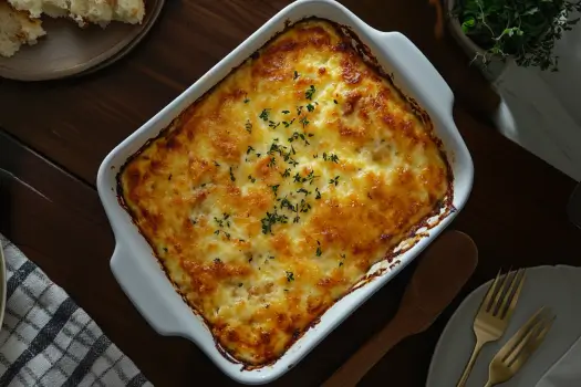 Golden sausage hashbrown breakfast casserole in a white dish with a wooden serving spoon and portion on a plate nearby.