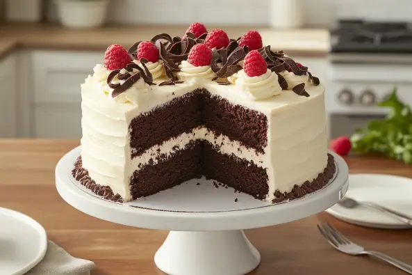 Decadent double-layer chocolate cake with sour cream frosting and chocolate curls on a white cake stand.