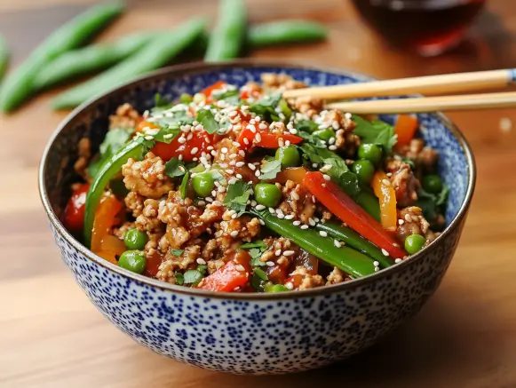 Colorful ground chicken stir fry with bell peppers and snap peas, topped with sesame seeds.